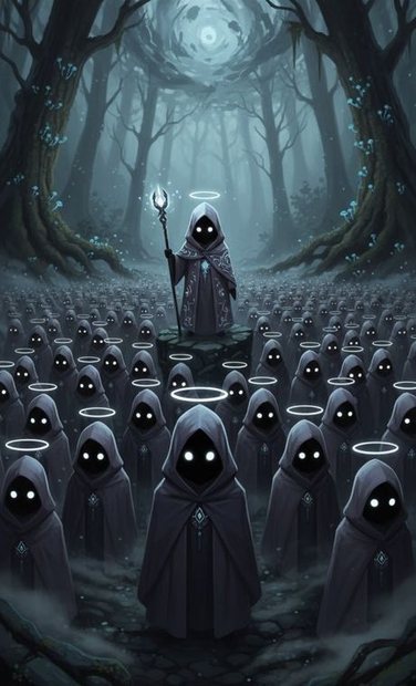 A crowd of small hooded dust figures in the dark