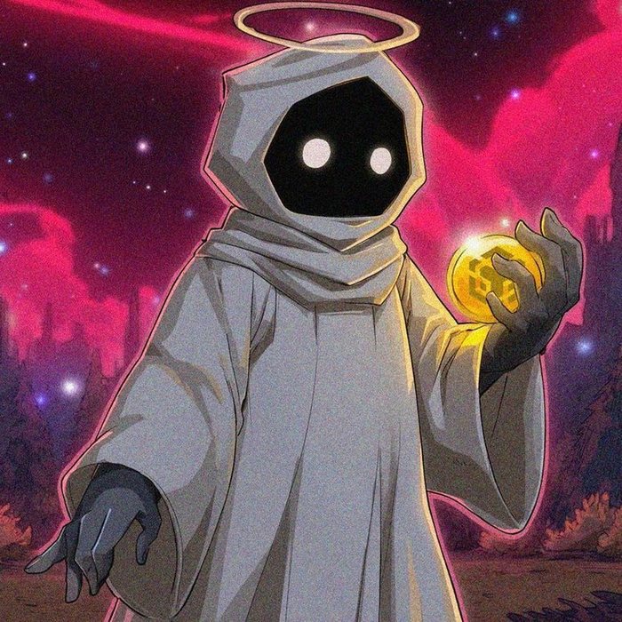 DUST, a hooded figure with a glowing halo, holding a coin of light